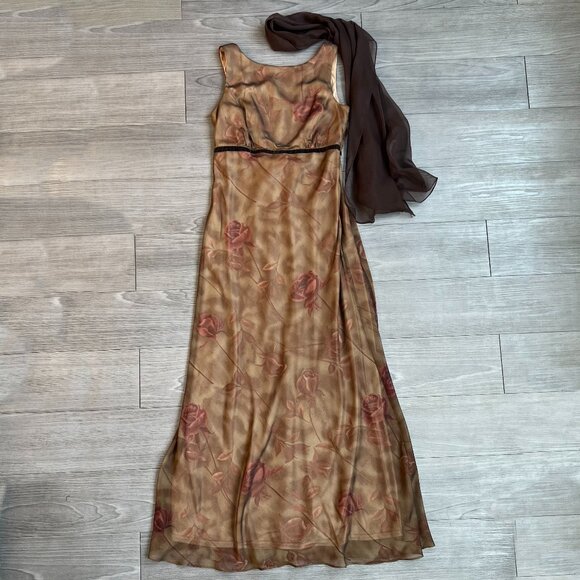 Vtg 90s Scott McClintock Empire Waist Brown Rose Autumnal Gown Brown Scarf Sz S - Picture 1 of 8